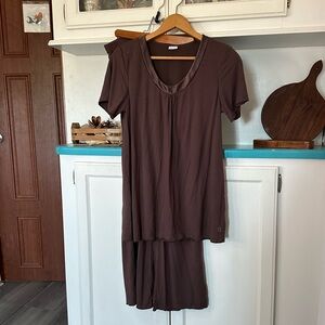 PAJAMA SET Size S Brown PJs Mastectomy Long Pant Matte Shiny Trim 1015 Soft Cozy